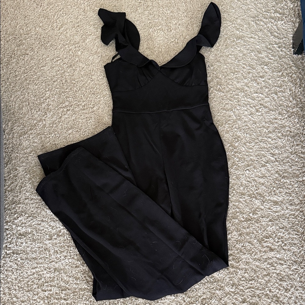 Black Ruffle-Shoulder Wide-Leg Jumpsuit